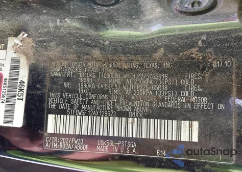 2010 Toyota Tundra Grade 5.7L V8 from USA, damaged, VIN 5TFDW5F12AX129623